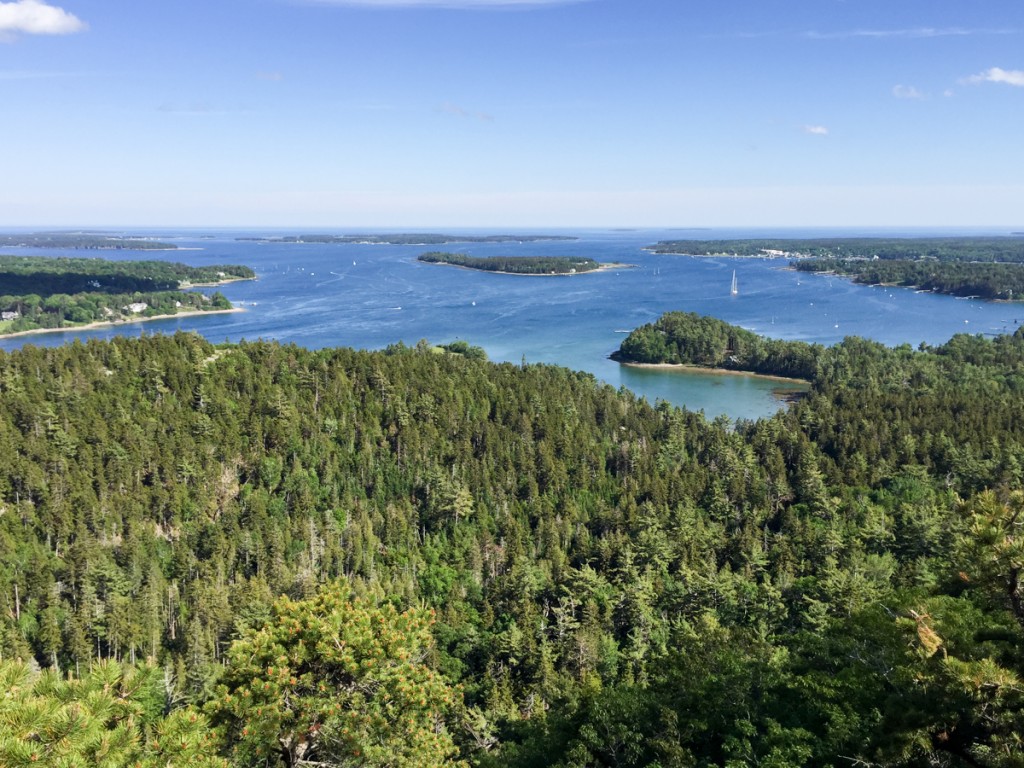 View of Southwest Harbor, Somes Sound and Cranberry Isles from St Sauveur Mountain